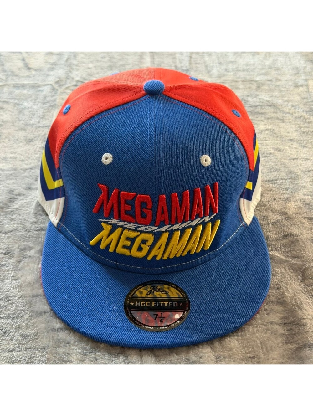 Headgear Classics Mega Man Fitted Hat Men's 7 1/4 Red Blue Zigzag Pixel